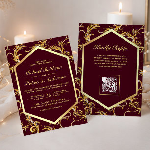 Burgundy Gold Flourish Swirl QR Code Wedding Invitation