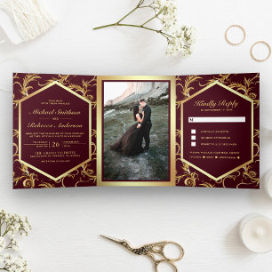 Burgundy Gold Flourish Swirl Wedding Photo Tri-Fold Invitation