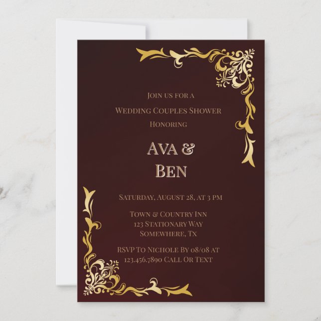  Burgundy Gold Flourish Wedding Couples Shower Invitation (Front)