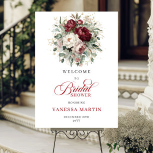 Burgundy Gold Flowers Bridal Shower Welcome Poster