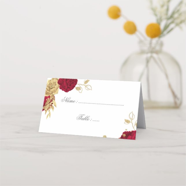 burgundy & gold flowers elegant place card (Front)