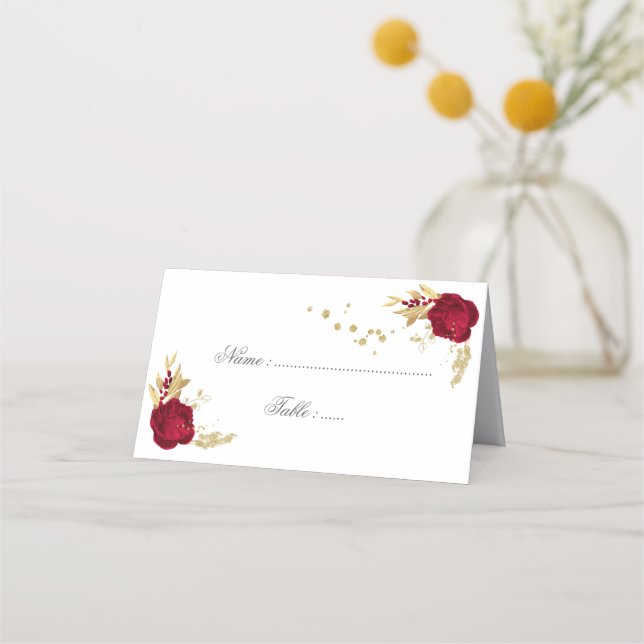 burgundy & gold flowers elegant place card (Front)