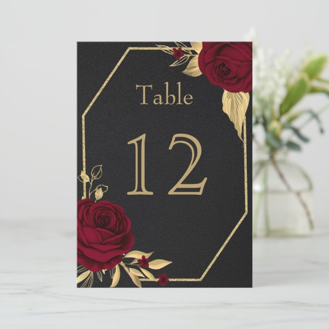 burgundy gold flowers geometric black table number (Standing Front)