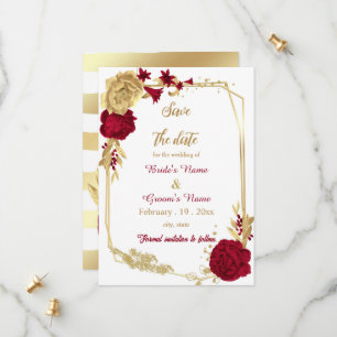 burgundy & gold flowers geometric wedding save the date