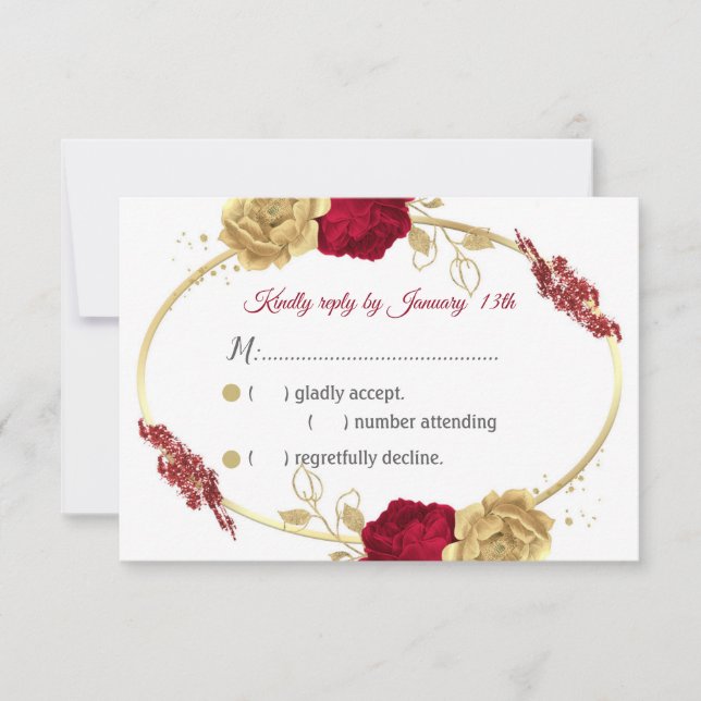 burgundy & gold  flowers & gold leaves RSVP card (Front)