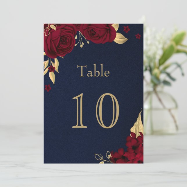 burgundy gold flowers navy blue table number (Standing Front)