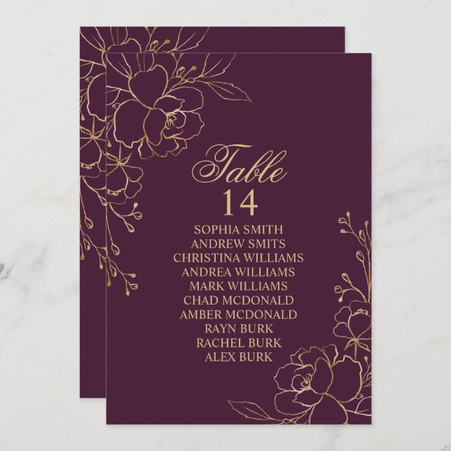 Burgundy & Gold Flowers Seating Chart Cards (Front/Back)