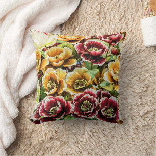 Burgundy Gold Flowers - Vibrant Floral Decor Throw Pillow