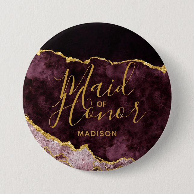 Burgundy & Gold Foil Agate Marble Maid of Honour 3 Inch Round Button (Front)