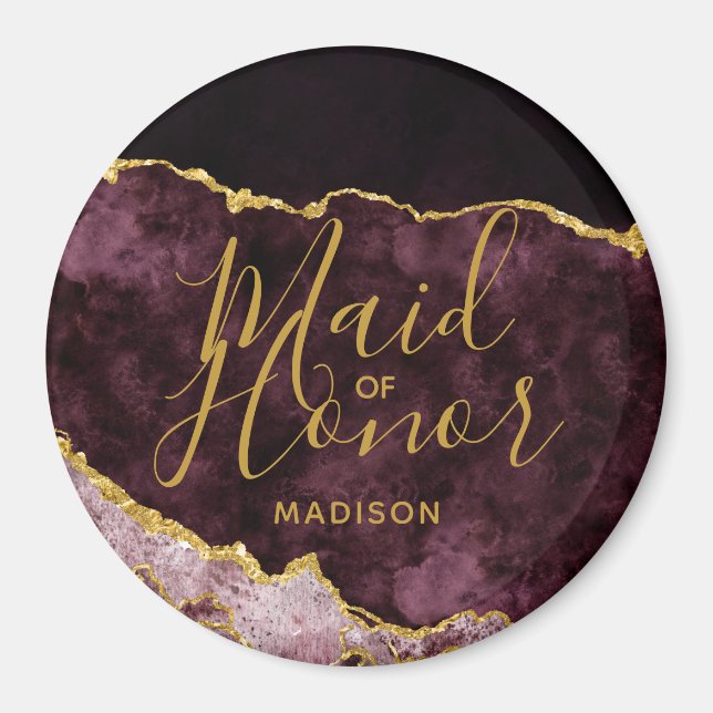 Burgundy & Gold Foil Agate Marble Maid of Honour Magnet (Front)