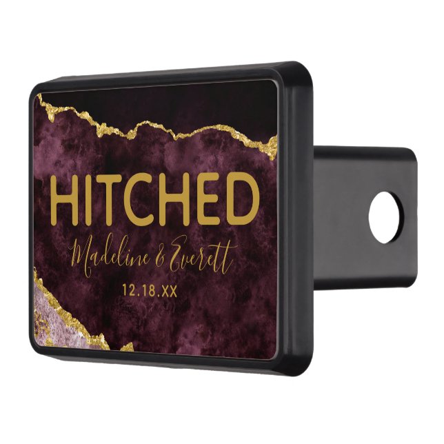 Burgundy Gold Foil Agate Marble Wedding Hitched Trailer Hitch Cover (Left)