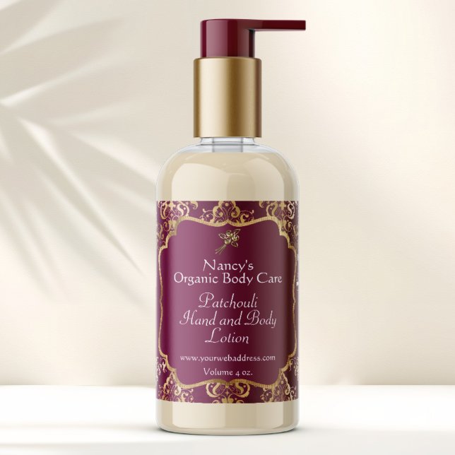 Burgundy & gold foil damask cosmetics bottle label (Creator Uploaded)