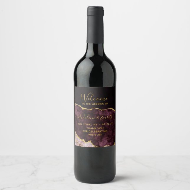 Burgundy Gold Foil Marble Agate Wedding Welcome Wine Label (Front)