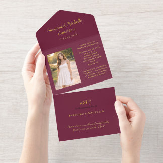 Burgundy Gold Foil Photo Graduation All In One Invitation