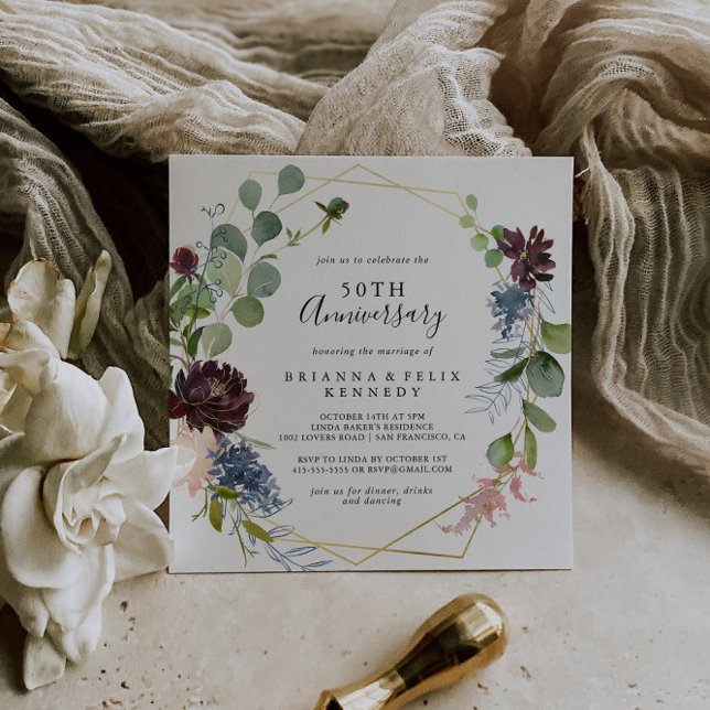 Burgundy Gold Geometric 50th Wedding Anniversary Invitation (Creator Uploaded)