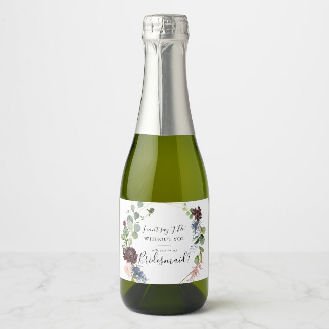 Burgundy Gold Geometric Bridesmaid Proposal Sparkling Wine Label (Front)