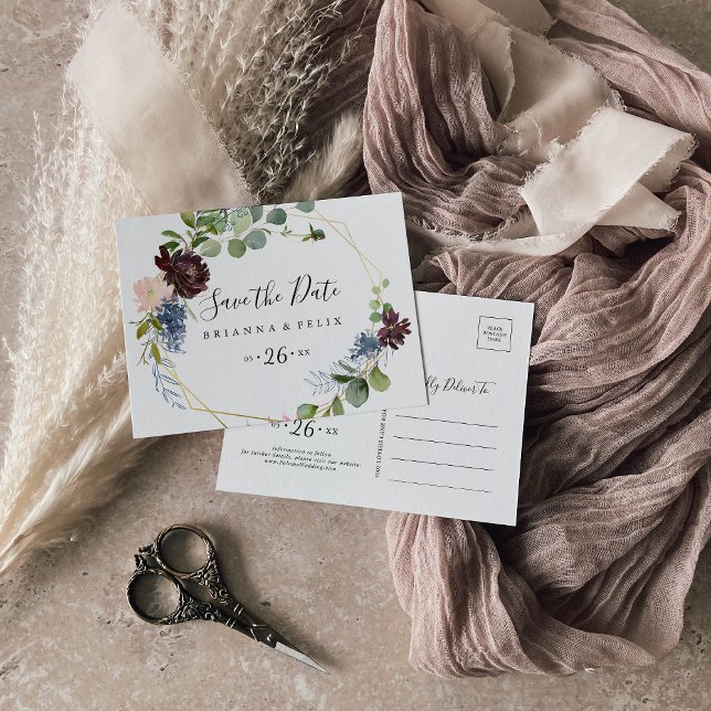 Burgundy Gold Geometric Horizontal Save the Date Postcard (Creator Uploaded)