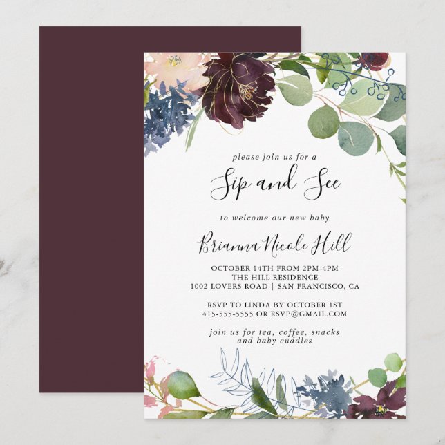 Burgundy Gold Geometric Sip and See Invitation (Front/Back)