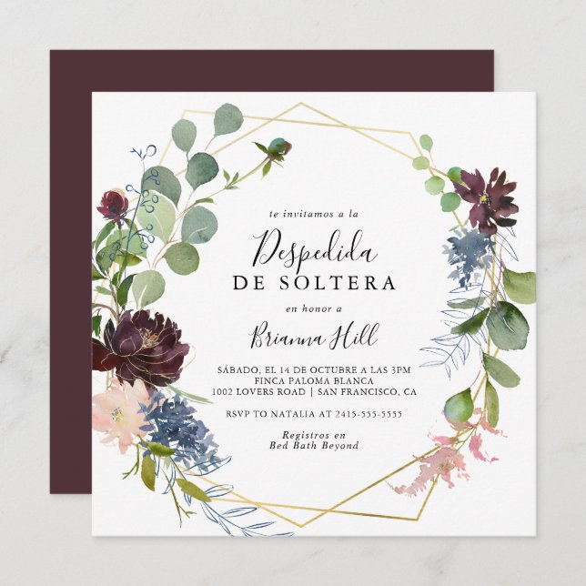 Burgundy Gold Geometric Spanish Bridal Shower Invitation (Front/Back)