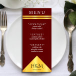 Burgundy & Gold Geometric Stripe Wedding Reception Menu<br><div class="desc">Dark red burgundy wedding reception menu card with gold colour block geometric triangle and stripes.  Elegant typography for an expensive look at an affordable price. Customize the meal list and personal details.  Great for a modern minimalist wedding theme with a touch of style.</div>