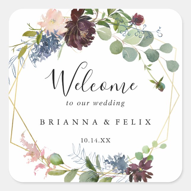 Burgundy Gold Geometric Wedding Welcome Square Sticker (Front)