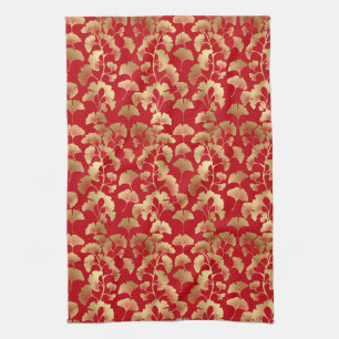 Burgundy Gold Ginkgo with Japanese Elegance Kitchen Towel
