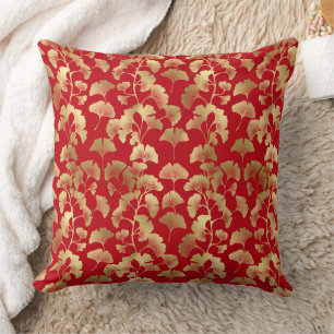 Burgundy Gold Ginkgo with Japanese Elegance Throw Pillow
