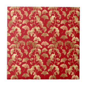 Burgundy Gold Ginkgo with Japanese Elegance Tile