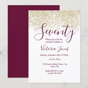 Burgundy Gold Glitter 70th birthday party Invite