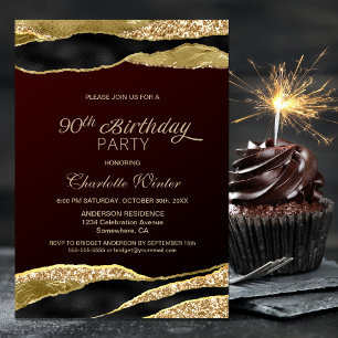 Burgundy Gold Glitter 90th Birthday Party Invitation