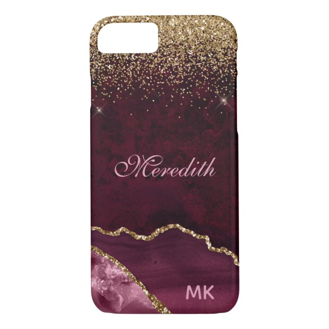 Burgundy Gold Glitter Agate Personalized Case-Mate iPhone Case (Back)