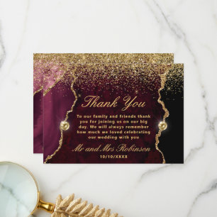 Burgundy Gold Glitter Agate Wedding Thank You Card