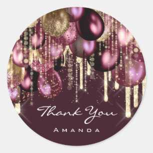 Burgundy GOLD GLITTER BALLONS DRIPS THANK YOU NAME Classic Round Sticker