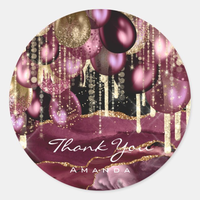Burgundy GOLD GLITTER BALLONS Thank Anniversary  Classic Round Sticker (Front)