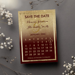 Burgundy Gold Glitter Calendar Save the Date Announcement Postcard