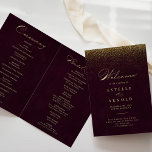 Burgundy Gold Glitter Calligraphy Folded Wedding Program<br><div class="desc">This burgundy gold glitter calligraphy folded wedding program is perfect for a rustic wedding. The simple and stylish design features classic and fancy script typography in gold with glitter in a burgundy background. Include a quote or short message,  order of service,  wedding party and thank you message.</div>