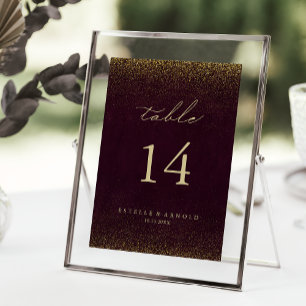 Burgundy Gold Glitter Calligraphy Gold Wedding Table Number