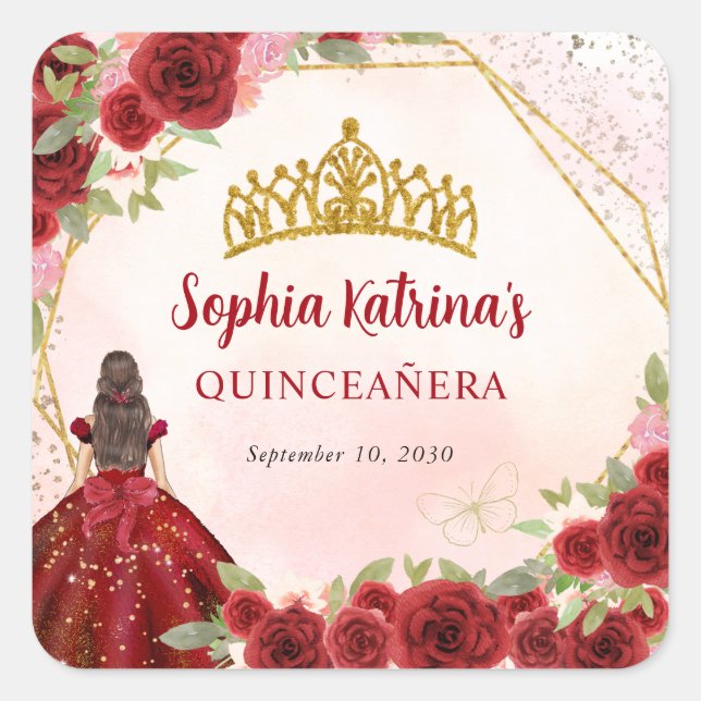 Burgundy Gold Glitter Floral Princess Tiara Favour Square Sticker (Front)