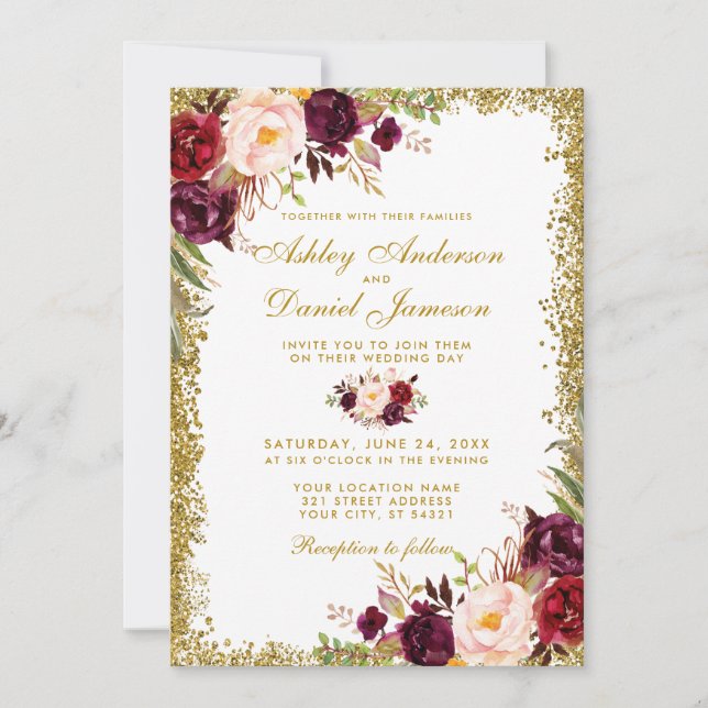 Burgundy Gold Glitter Floral Wedding Invitation (Front)