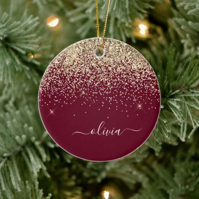 Burgundy Gold Glitter Girly Monogram Glam Ceramic Ornament (Tree)