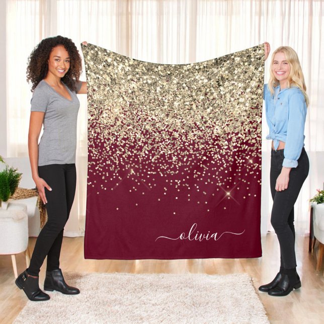 Burgundy Gold Glitter Girly Monogram Glam Fleece Blanket (Creator Uploaded)