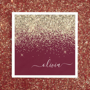 Burgundy Gold Glitter Girly Monogram Glam Napkin