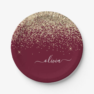 Burgundy Gold Glitter Girly Monogram Glam Paper Plate