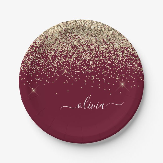 Burgundy Gold Glitter Girly Monogram Glam Paper Plate (Front)