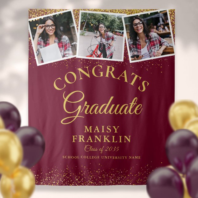 Burgundy Gold Glitter Graduation 3 Photo Backdrop Tapestry (Burgundy Gold Glitter Graduation 3 Photo Backdrop)