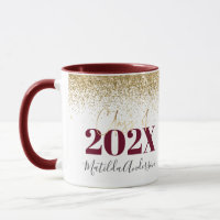 Burgundy gold glitter graduation elegant script mu
