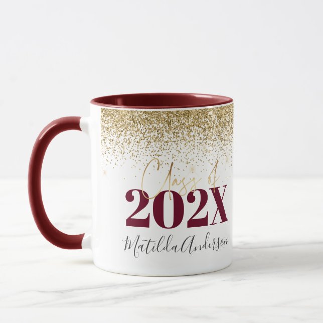 Burgundy gold glitter graduation elegant script mu mug (Left)