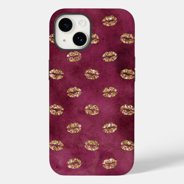 Burgundy Gold Glitter Kisses Lips Case-Mate iPhone Case (Back)
