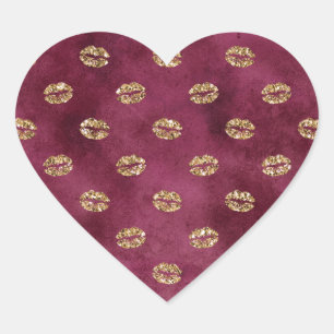 Burgundy Gold Glitter Kisses Lips  Heart Sticker