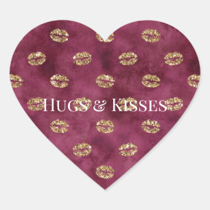 Burgundy Gold Glitter Kisses Lips         Heart Sticker